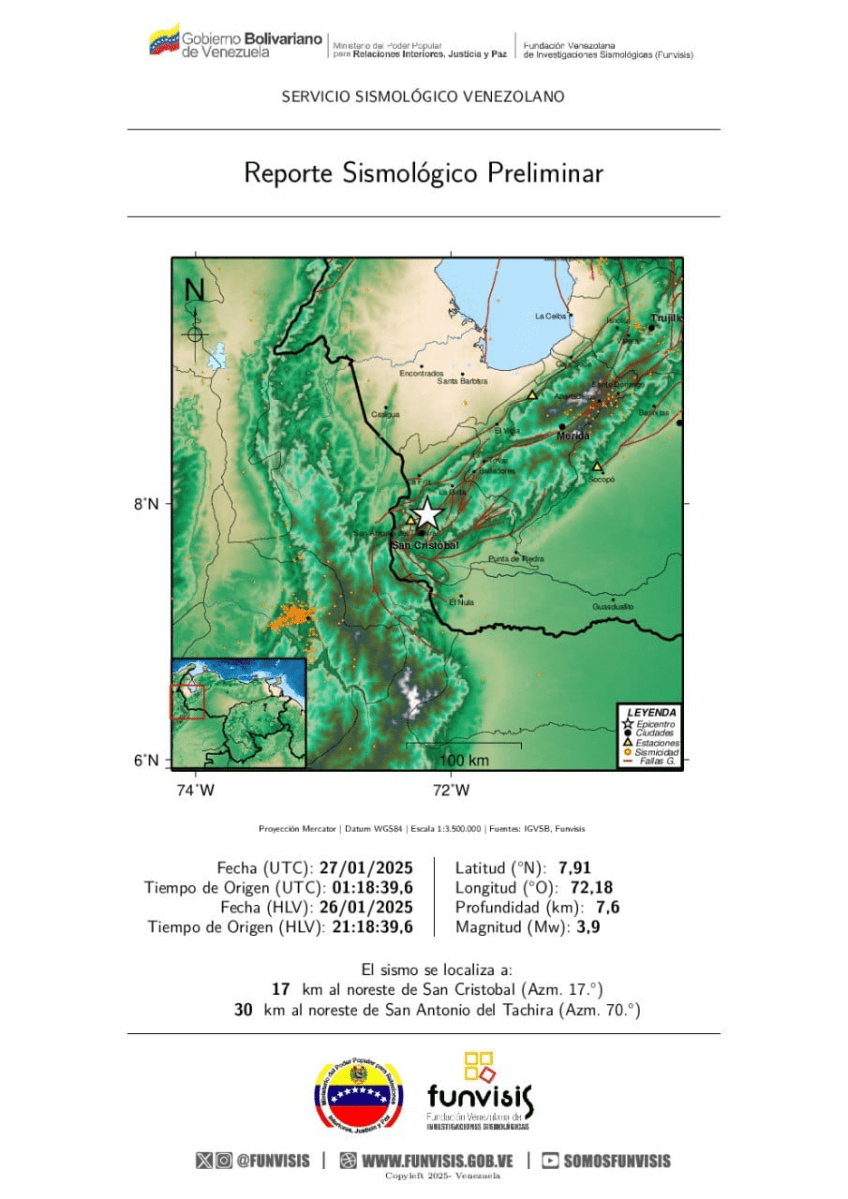 Sismo de 3.9 grados se sintió este domingo a Táchira