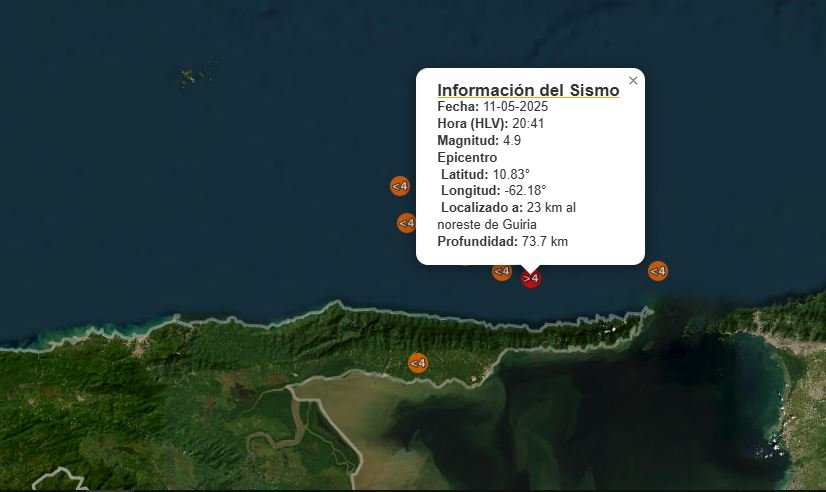 Se registra terremoto de magnitud 4,9 frente a las costas de Venezuela